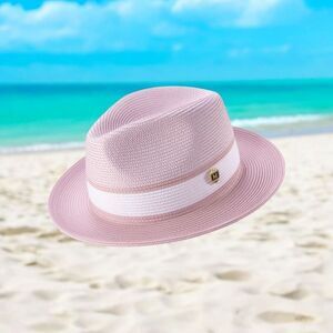 MONTIQUE MEN'S MAUVE TWO-TONE PINCH HAT WIDE BRIM STRAW FEDORA HAT. H87